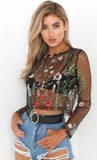 Sexy Floral Embroidery Transparent Long Sleeve Top