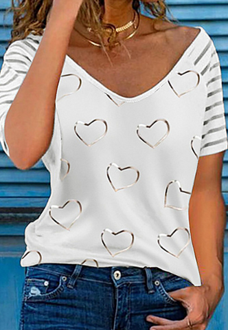 Women's Heart Print V-Neck Short Sleeve Loose T-Shirt Top