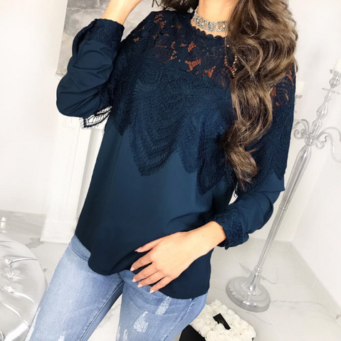 Lace Round Neck Button Long Sleeve Shirt Top