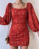 Sexy Red Long Sleeve Print Dress