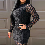 Patterned Long Sleeve Sexy Black Dress