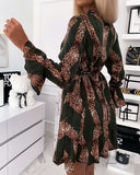 Women Splicing Printed Leopard Long-Sleeve Dress