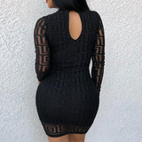Patterned Long Sleeve Sexy Black Dress