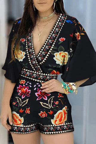 Short Sleeve Print Sexy Deep V-neck Rompers Jumpsuit