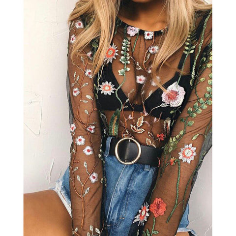 Sexy Floral Embroidery Transparent Long Sleeve Top