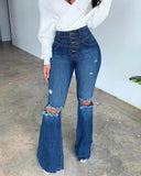 Casual Shredded Button Flare Jeans