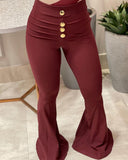 Solid Color Wine Red Skinny Flared Pants