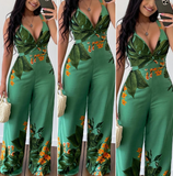 Sexy Deep V-Neck Sling Slim Casual Printed Jumpsuit