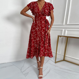 Fashion V-Neck Short Sleeve High Waist Print Dress