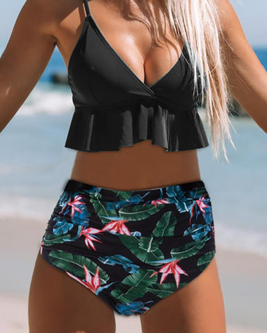 Print Leaf Ruffles Bikini Set Swimsuit