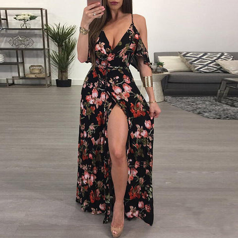 Sexy V-neck Low Chest Print Long Dress