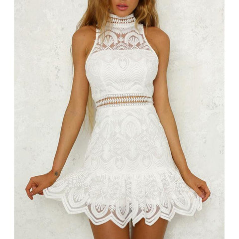 Sexy Womens White Sleeveless Lace Dress