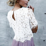 Fashion Round Neck Lace Solid Color T-Shirt White