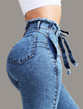Womens Tassel Elasticity High Waist Jeans Demin Pants