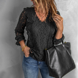 Solid Color Lace V-Neck Loose Casual Long Sleeve T-Shirt