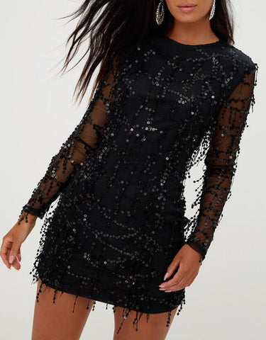 Round Neck Sequined Long Sleeve Dress