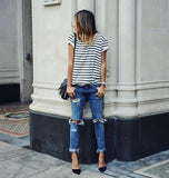 Women Fashion short sleeves loose striped T-shirt