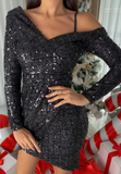 Long Sleeve Check Sequin Off-the-Shoulder Dress