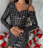 Long Sleeve Check Sequin Off-the-Shoulder Dress
