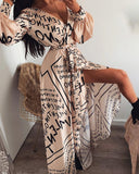 Letter Print Thigh Slit Maxi Dress