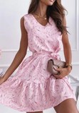 Temperament V-Neck Printed Sleeveless Pink Dress