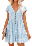 V-Neck Button Floral Short Sleeve Loose Casual Dress