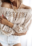 Long Sleeve Apricot Panel Lace Casual Top
