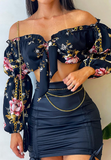 One-Shoulder Printed Long-Sleeve Two-Piece Suit