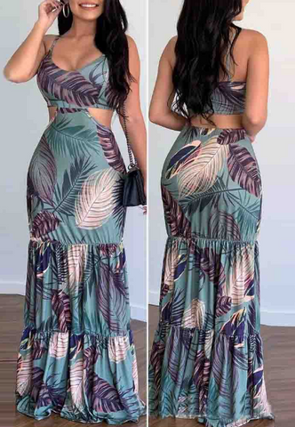 Womens Sling Leaf Print Slim Sleeveless Dress