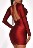Long Sleeve Solid Color Backless V-Neck High Waist Dress