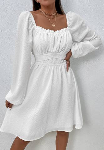 Elegant Solid Color Long Sleeve High Waist Ruffle Dress