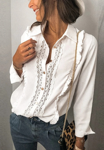 Lace Splicing Long Sleeves Solid Color Cardigan White Shirt
