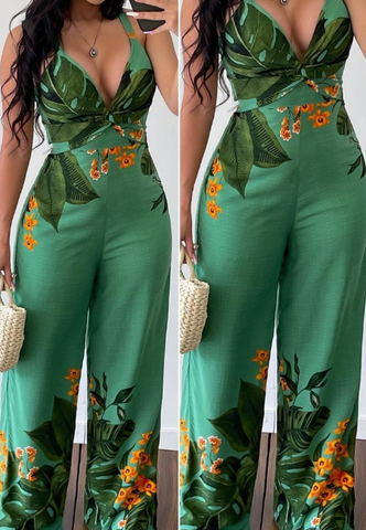 Sexy Deep V-Neck Sling Slim Casual Printed Jumpsuit