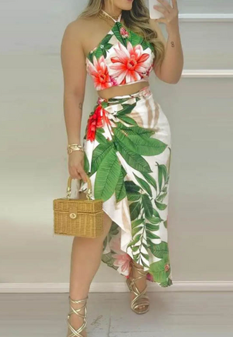 Women's Print Sexy Backless High Waist Two Piece Suit