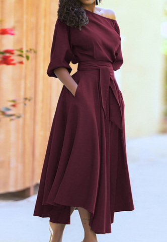 Long Sleeve Temperament Solid Color High Waist Dress