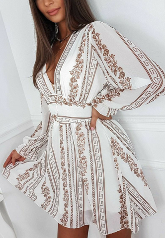 Sexy Print Long Sleeve White Dress