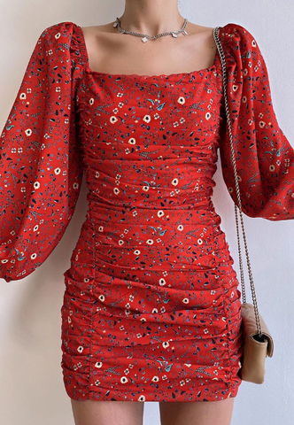 Sexy Red Long Sleeve Print Dress
