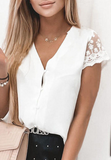 Lace Stitching Short-Sleeved V-Neck Button-Down Shirt Top