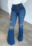 Casual Shredded Button Flare Jeans