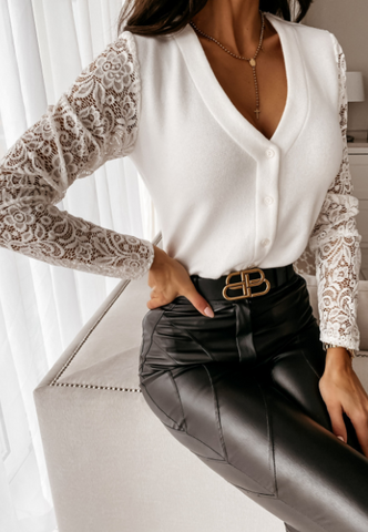 Lace Panel Long Sleeve Button V-Neck Shirt Top