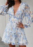 V-Neck Backless Chiffon Sexy High-Waisted Long-Sleeved Floral Dress