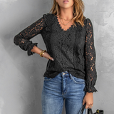 Solid Color Lace V-Neck Loose Casual Long Sleeve T-Shirt