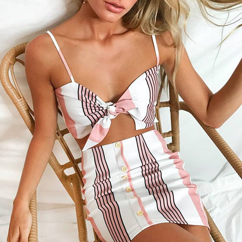 Sexy Print Sling Stripe Two-Piece Suit