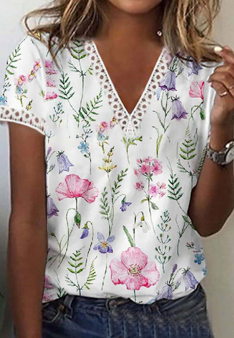 Elegant Women's V-Neck Floral Short Sleeve Lace Casual T-Shirt