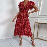 Fashion V-Neck Short Sleeve High Waist Print Dress