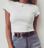 Fashion Round Neck Solid Color T-shirt Crop Top