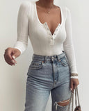 Solid Color Buttoned Long Sleeve White Top