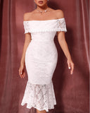 Solid Color Lace Temperament High Waist White Dress