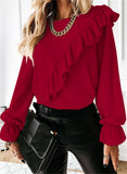 Round Neck Solid Color Long Sleeve Chiffon Shirt