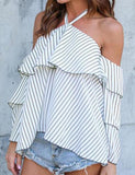 Sexy Halter Striped Bell Sleeve Blouses Crop Top